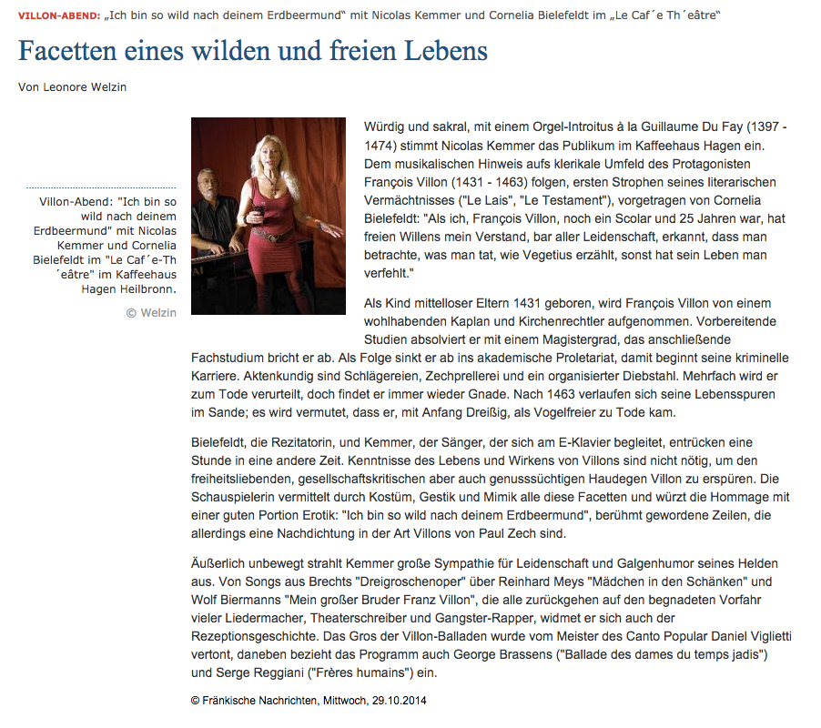Fränkische Nachrichten Auszug vom 29. Oktober 2014